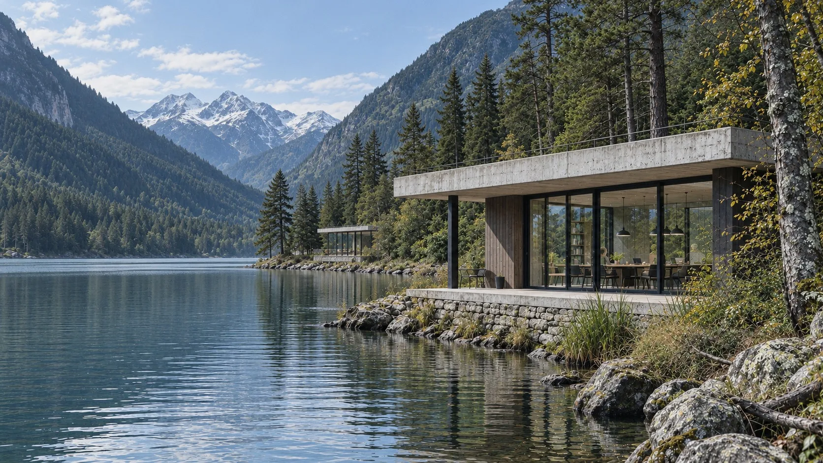 Generated scene: the near pavilion on the lake shore in daylight