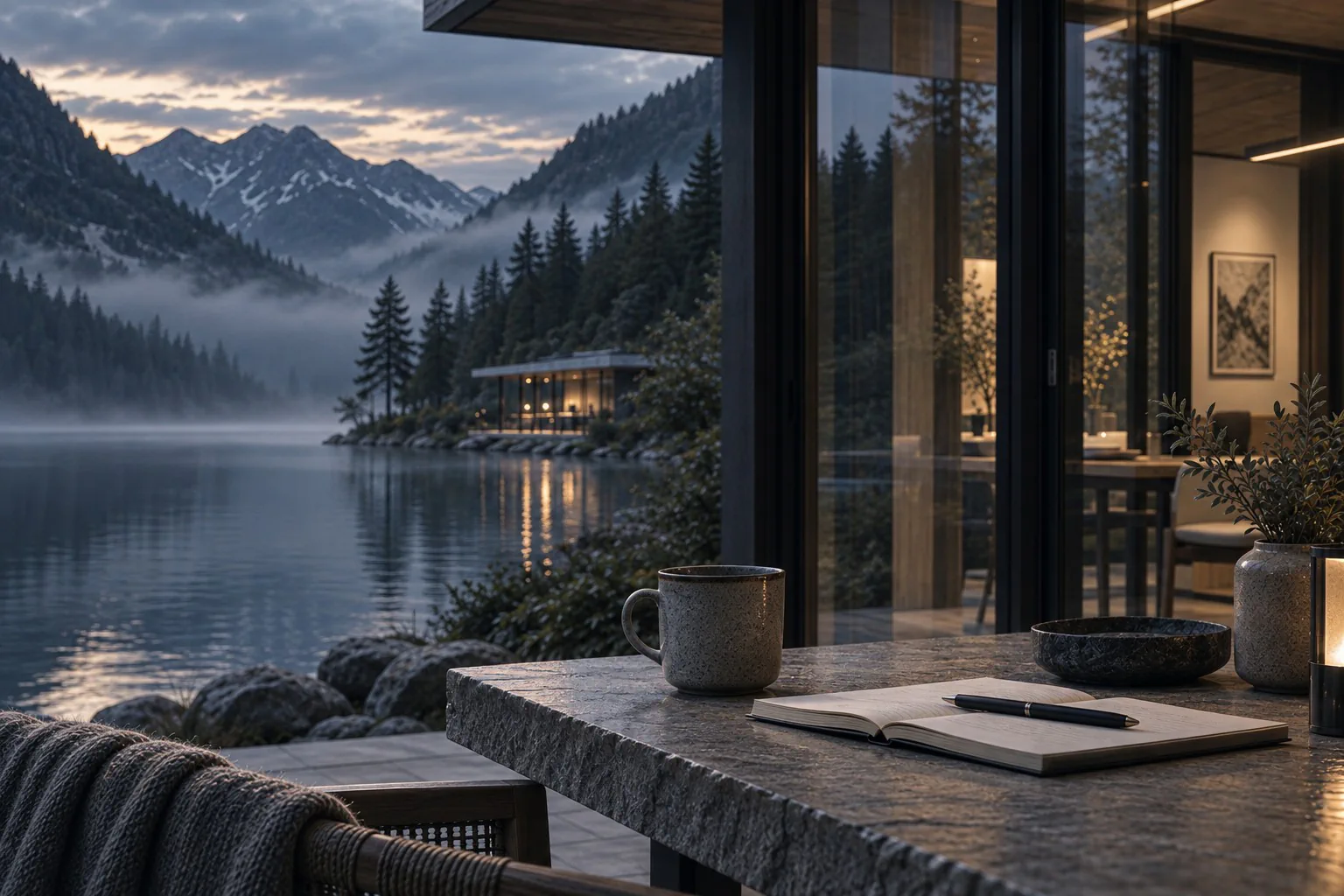 Generated scene: a mug and open notebook on a stone table by the lake at dusk