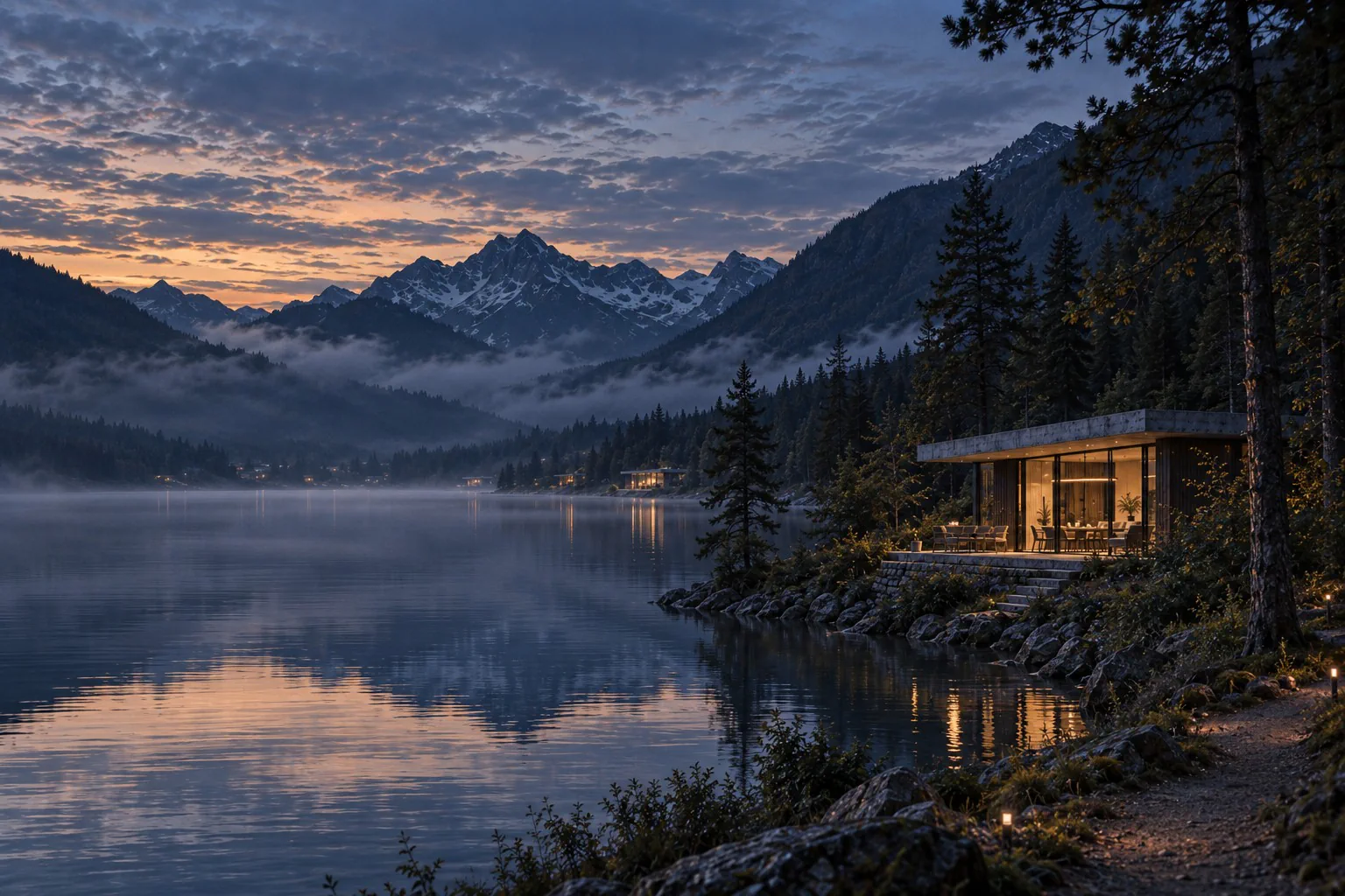 Generated scene: the valley at dusk, the near pavilion lit on the shore, more lights along the far shore