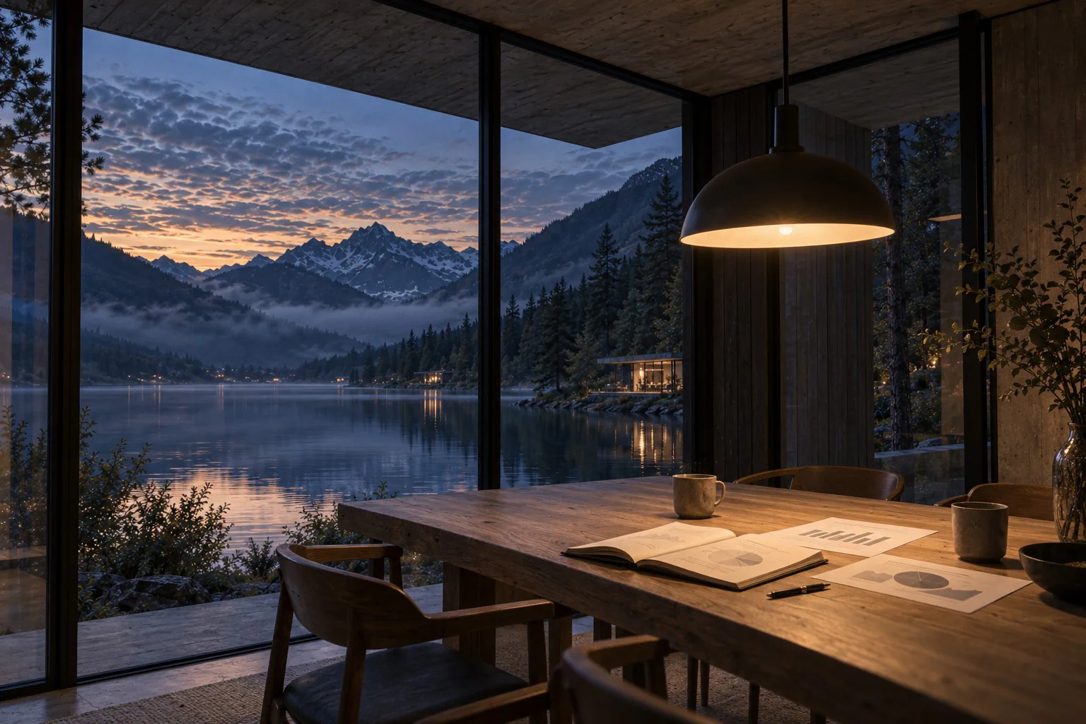Generated scene: a lamp-lit table inside the pavilion at dusk, a planning notebook and printed charts, the far pavilion lit across the lake