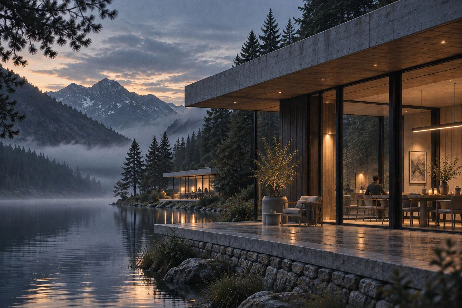 Generated scene: a concrete-and-glass pavilion on a misty lake at dusk, its interior lit, a second pavilion on the far shore