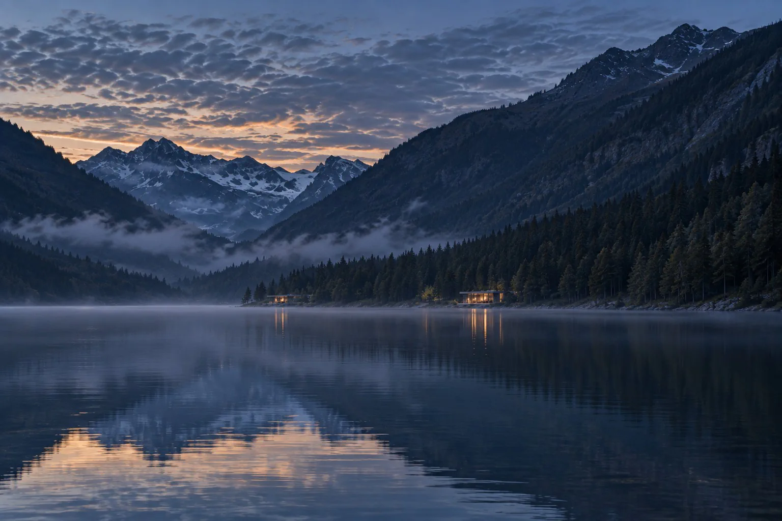 Generated scene: the same lake from far away at dusk, the pavilions tiny points of light at the tree line