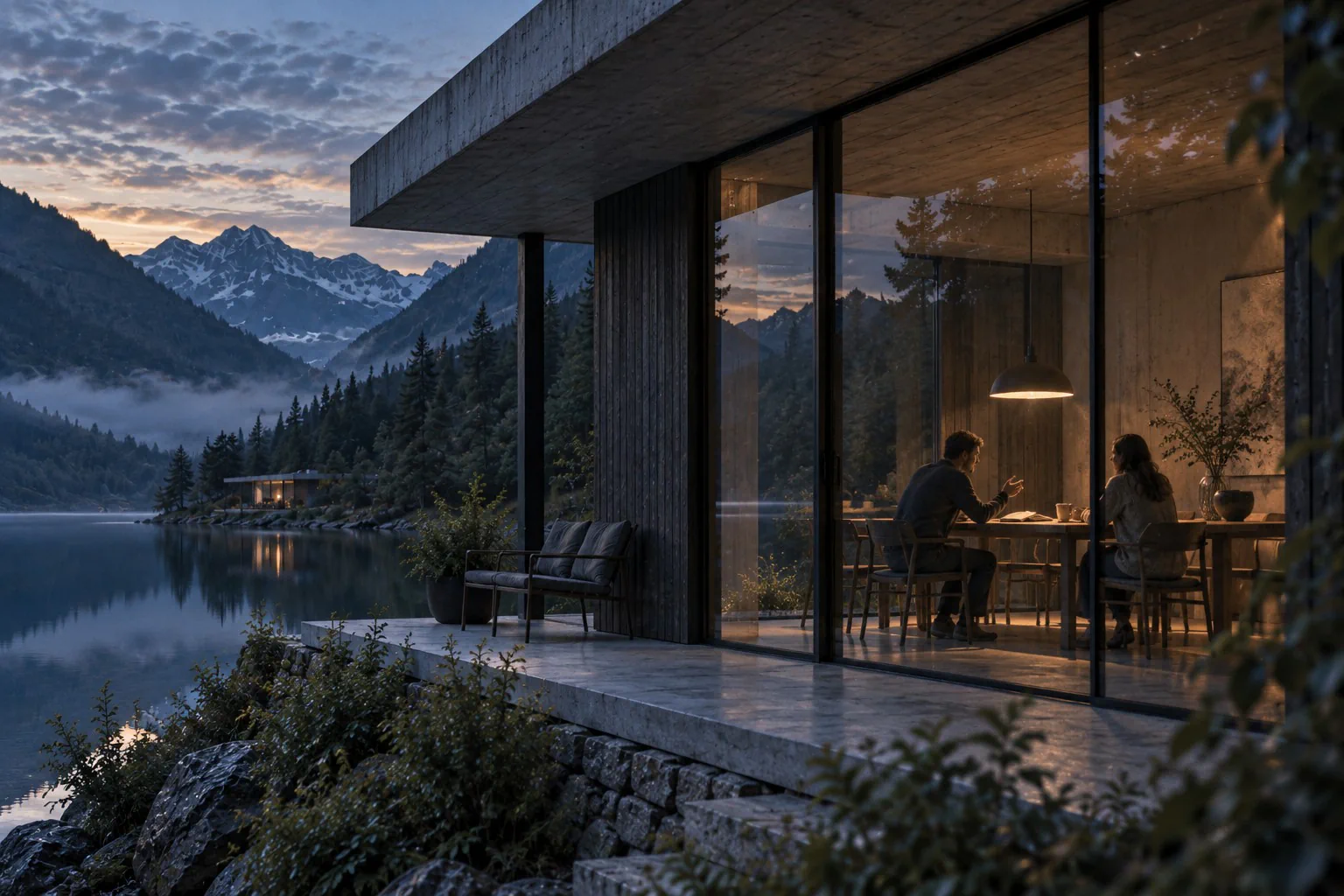 Generated scene: up close through the pavilion glass, two people in conversation at a lamp-lit table