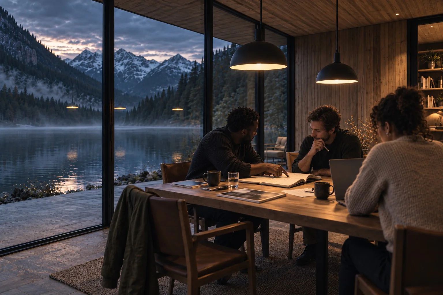 Generated scene: people working together under pendant lamps at dusk