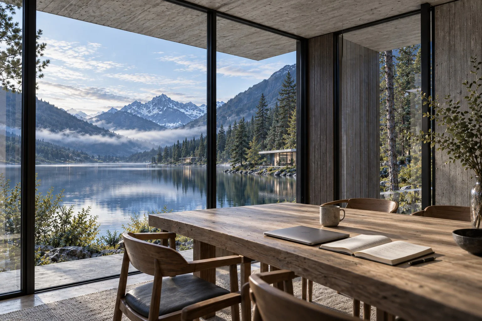 Generated scene: a timber desk inside the pavilion in morning light, a closed laptop and an open notebook, the lake beyond the glass
