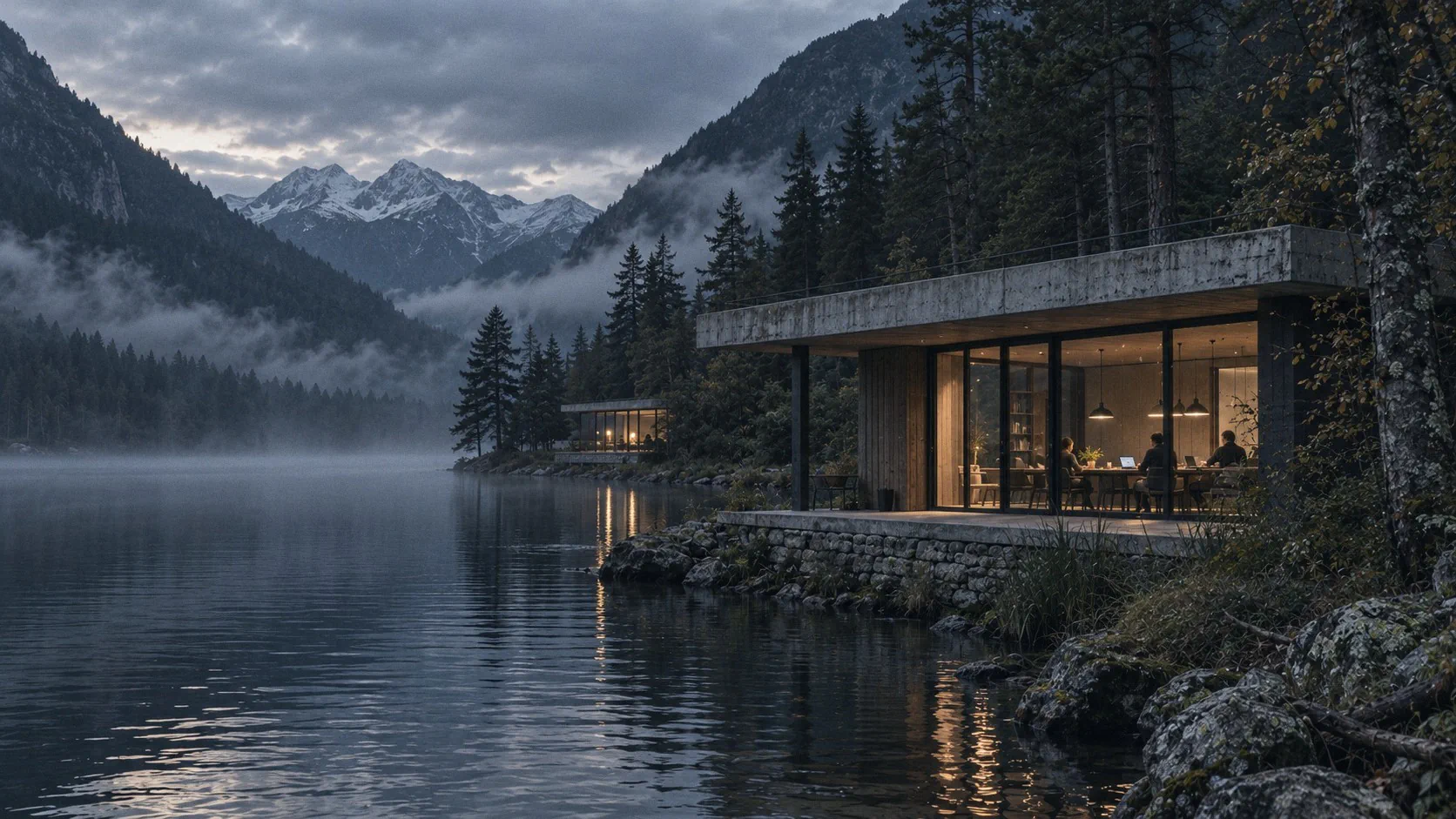 Generated scene: two lit pavilions on the same lake at dusk, joined by a thin gold line